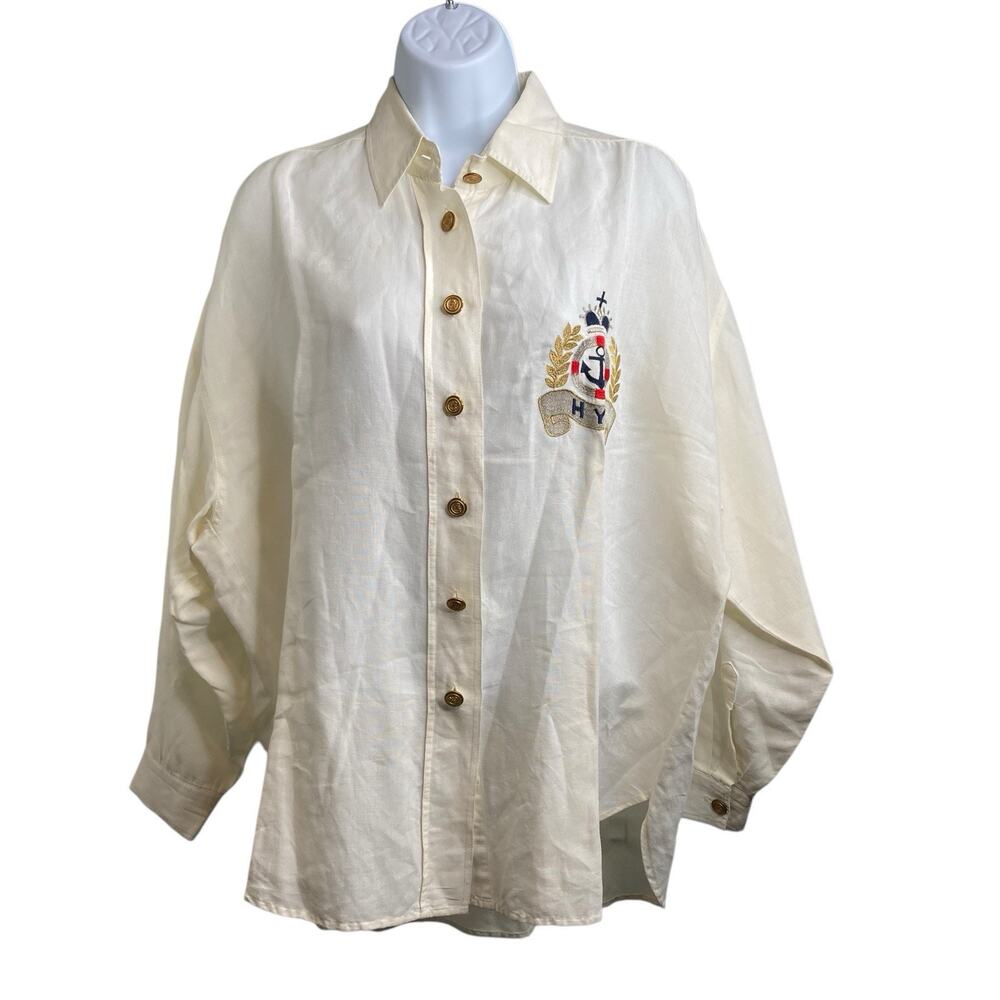 Vintage Nadine H Women's Cream Preppy Button Up Yacht Club Shirt Size 42/XXL
